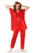 Red Satin Polka Dots Half Sleeves Pack of 1 Kaftan Top with 1 pajama for Women