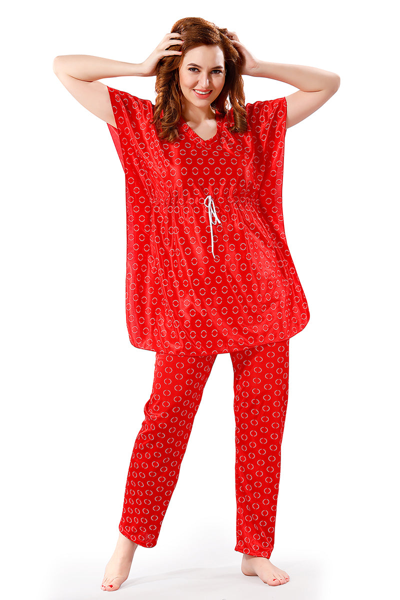 Red Satin Polka Dots Half Sleeves Pack of 1 Kaftan Top with 1 pajama for Women