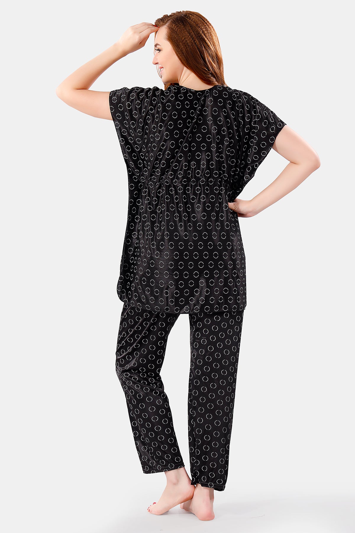 Black Satin Polka Dots Half Sleeves Pack of 1 Kaftan Top with 1 Pajama for Women