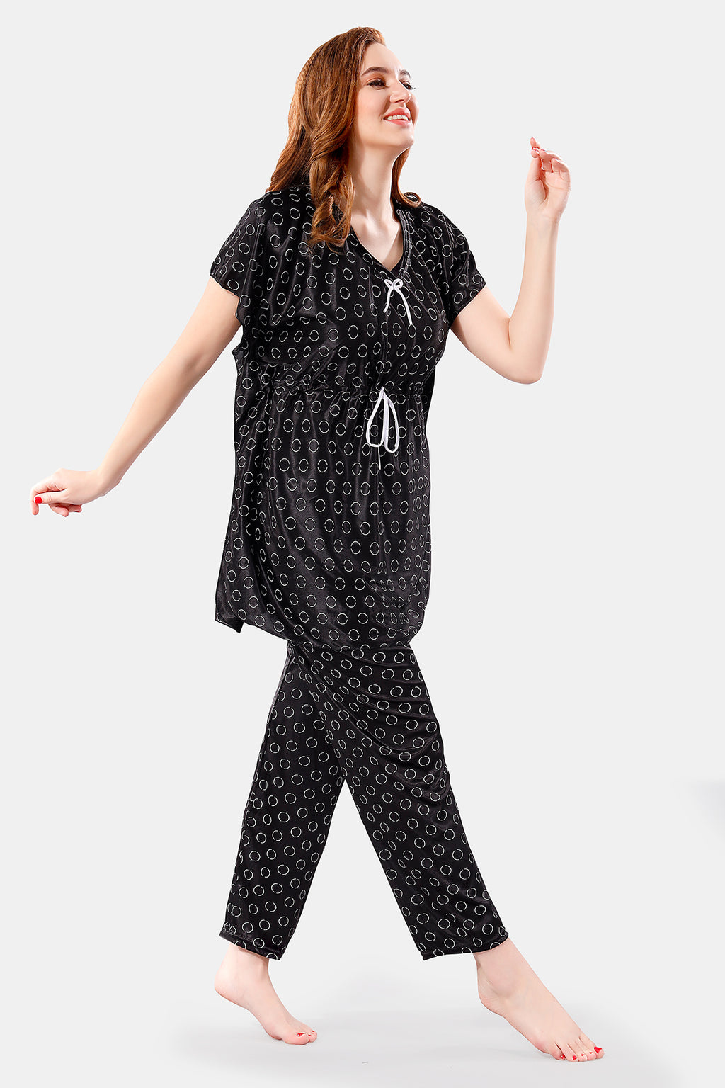 Black Satin Polka Dots Half Sleeves Pack of 1 Kaftan Top with 1 Pajama for Women