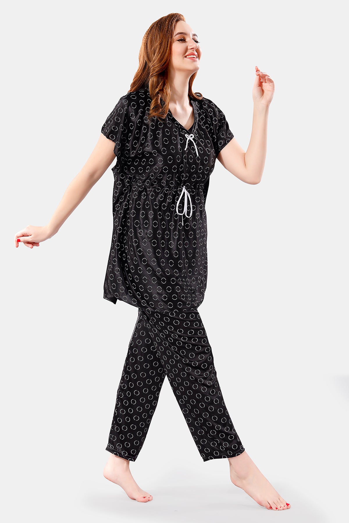 Black Satin Polka Dots Half Sleeves Pack of 1 Kaftan Top with 1 Pajama for Women