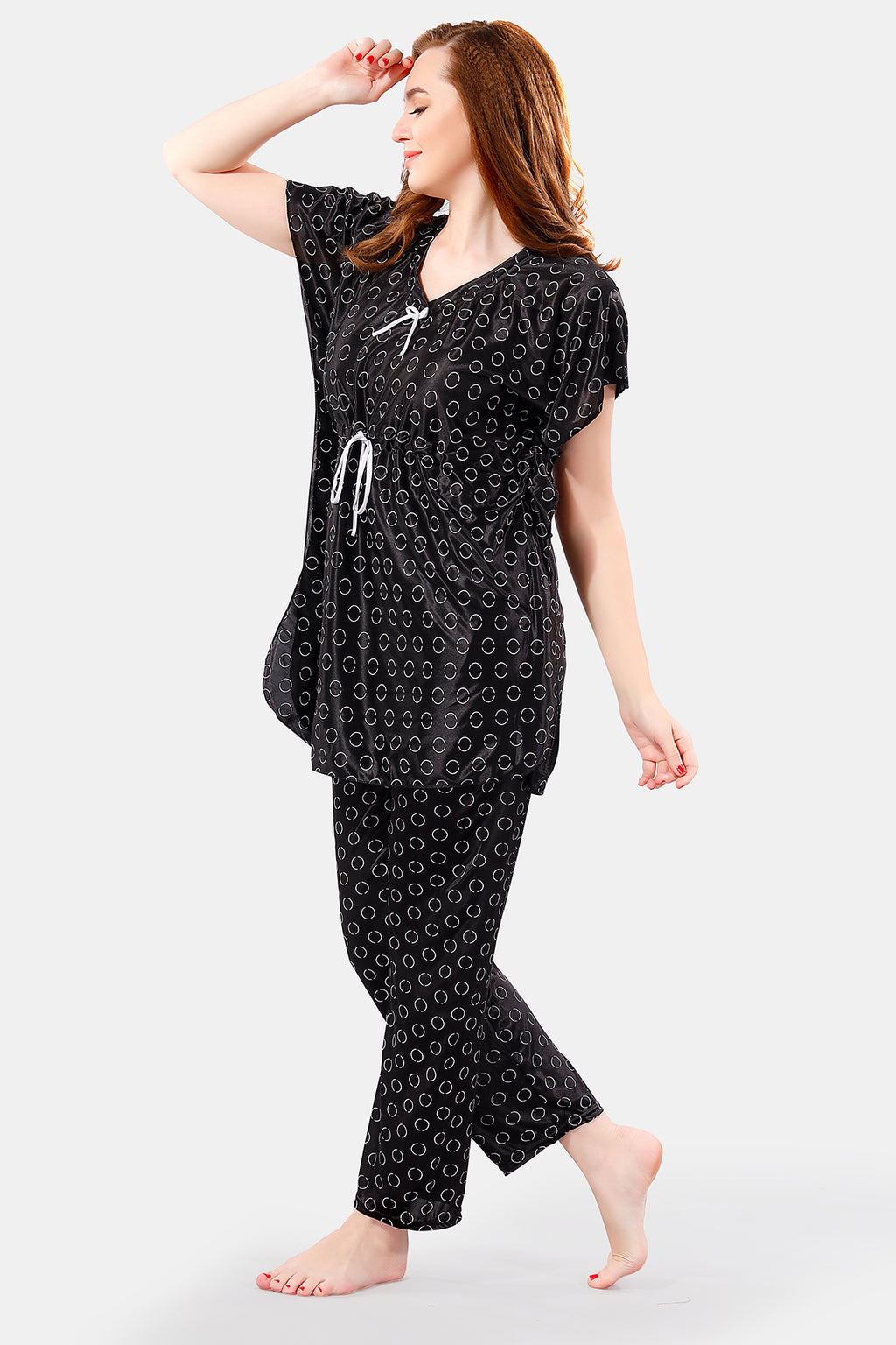 Black Satin Polka Dots Half Sleeves Pack of 1 Kaftan Top with 1 Pajama for Women