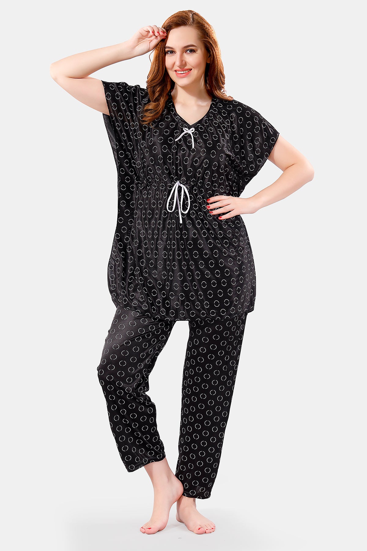 Black Satin Polka Dots Half Sleeves Pack of 1 Kaftan Top with 1 Pajama for Women
