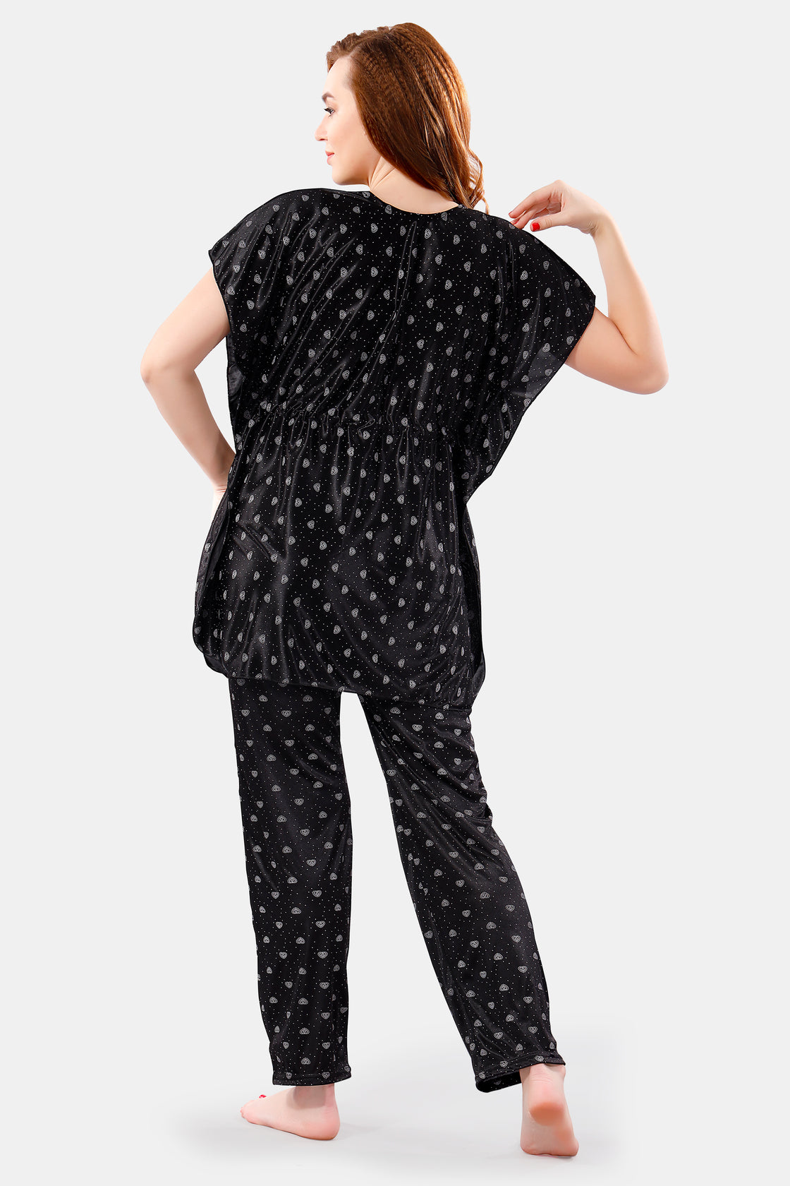 Black Satin Printed Kaftan Top with Pajama for Women Back