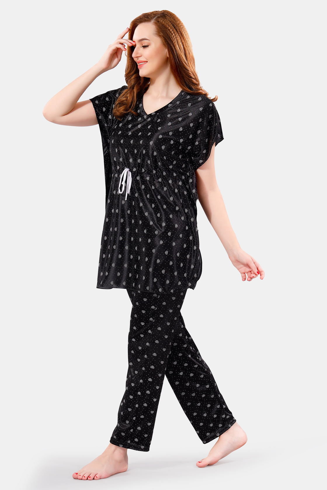Black Satin Printed Kaftan Top with Pajama for Women Side