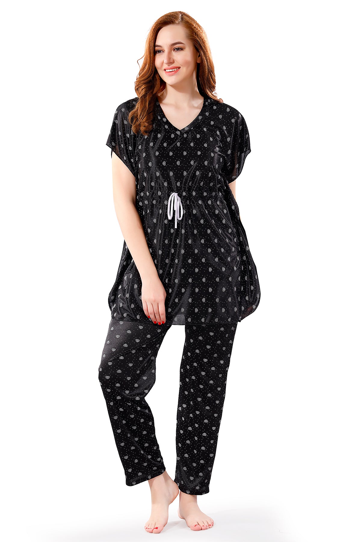 Black Satin Printed Kaftan Top with Pajama for Women 