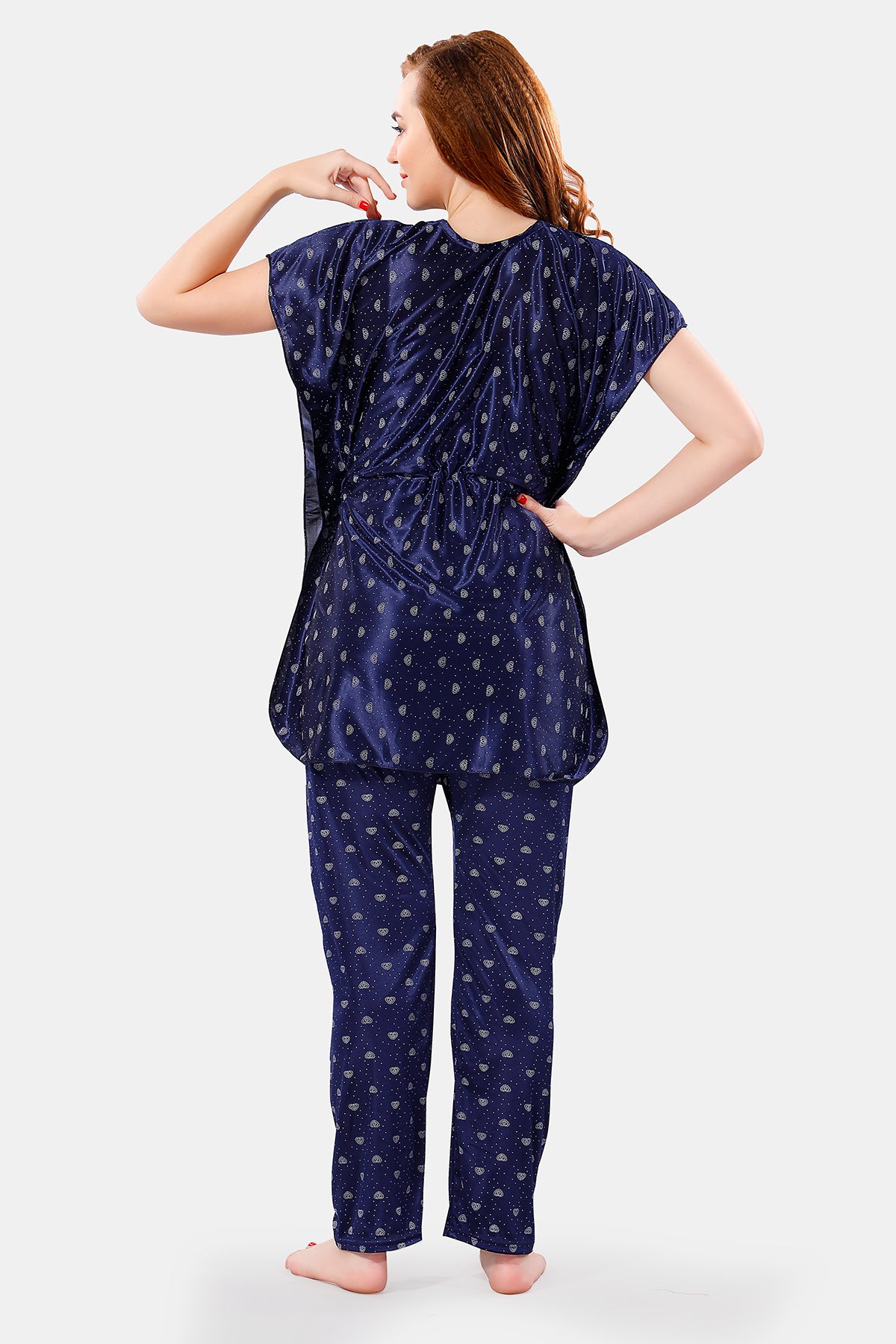 Navy Blue Satin Printed Kaftan Top & Pajama Set for Women