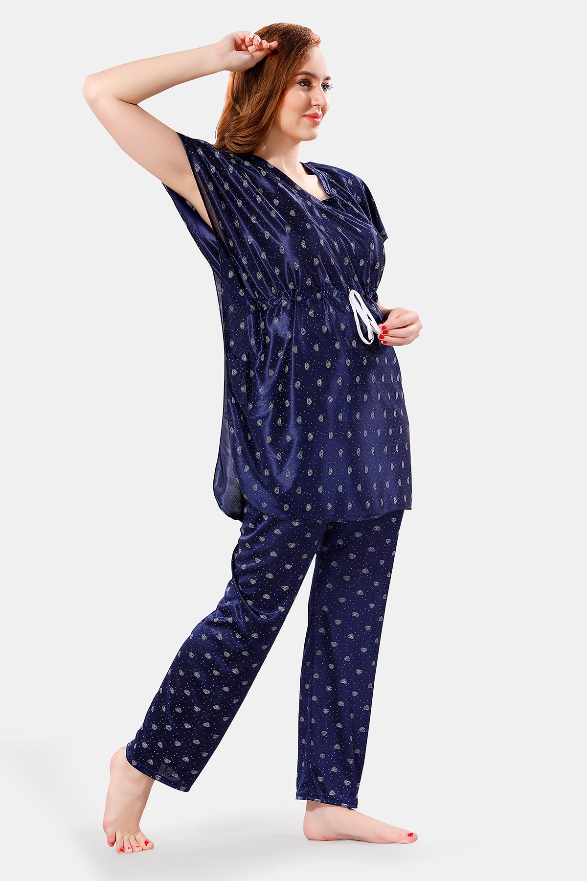 Navy Blue Satin Printed Kaftan Top & Pajama Set for Women