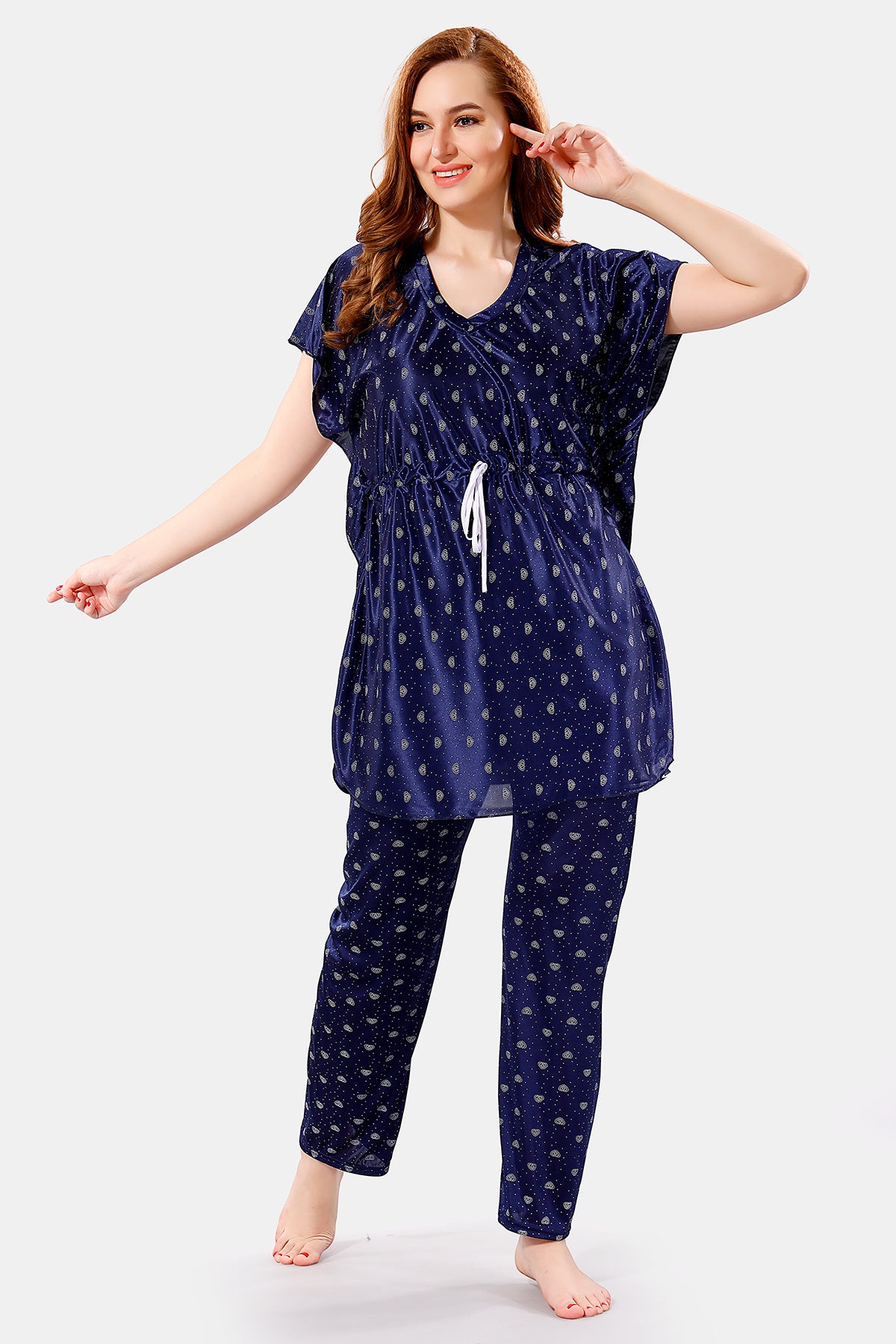 Navy Blue Satin Printed Kaftan Top & Pajama Set for Women