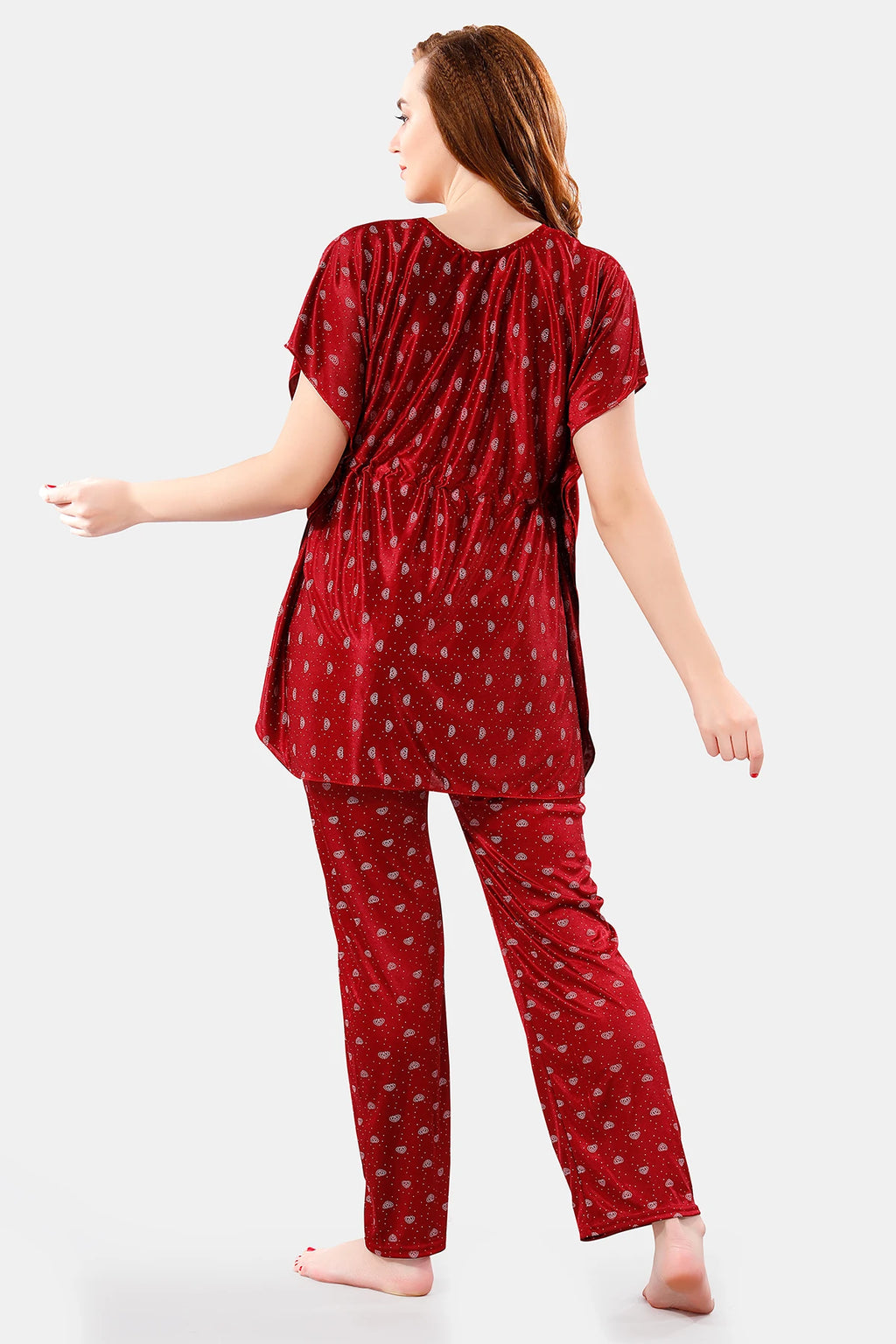 Maroon Satin Printed Half Sleeves Pack of 1 Kaftan Top with 1 Pajama for Women Back View