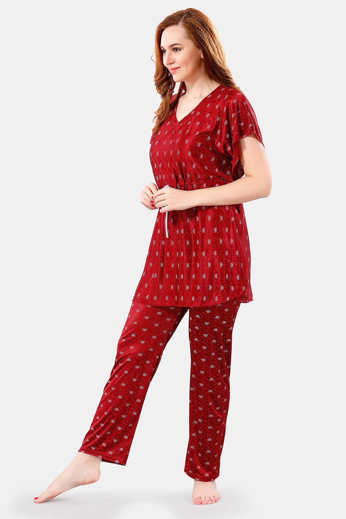Maroon Satin Printed Half Sleeves Pack of 1 Kaftan Top with 1 Pajama 