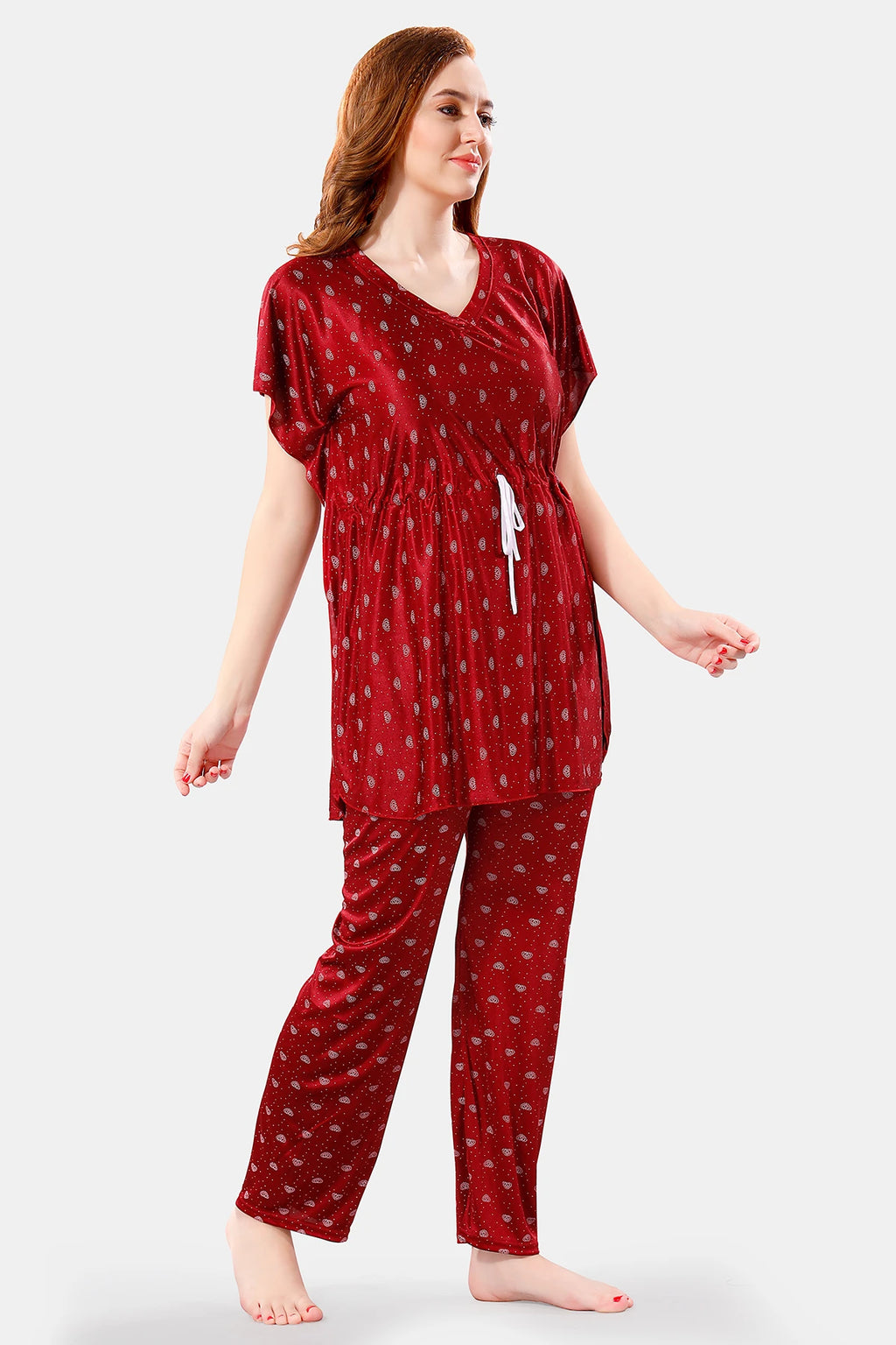 Maroon Satin Printed Half Sleeves Pack of Kaftan Top with Pajama for Women