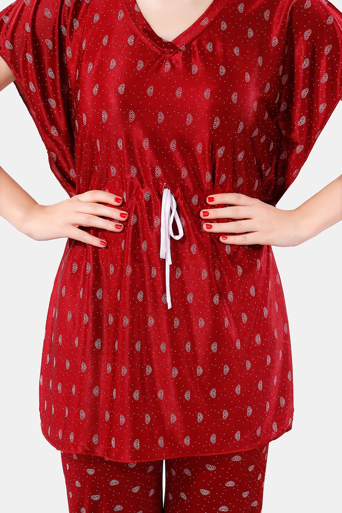 Maroon Satin Printed Half Sleeves Pack of  Kaftan Top with Pajama for Women Close View