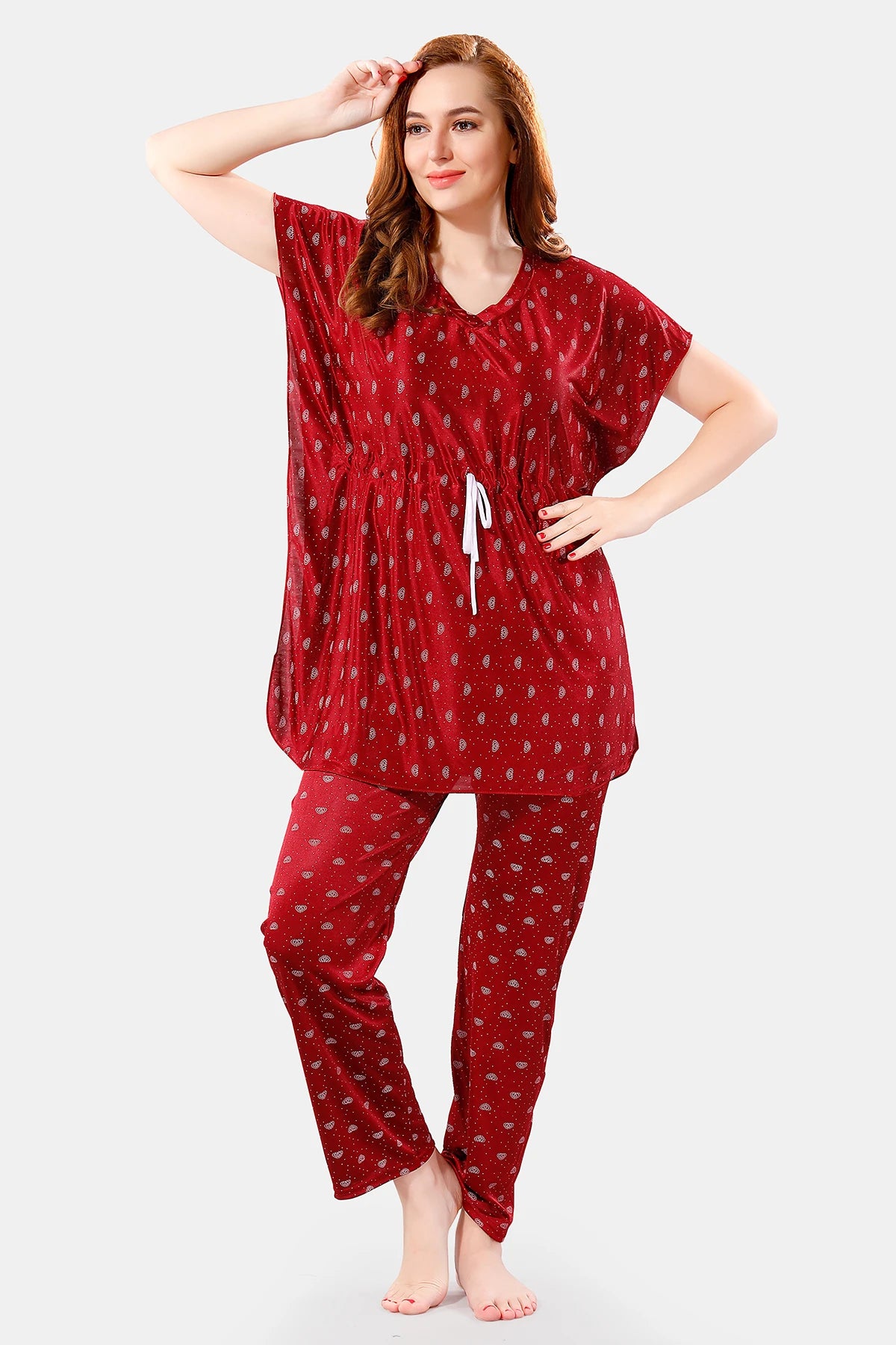 Maroon Satin Printed Half Sleeves Pack of 1 Kaftan Top with 1 Pajama for Women