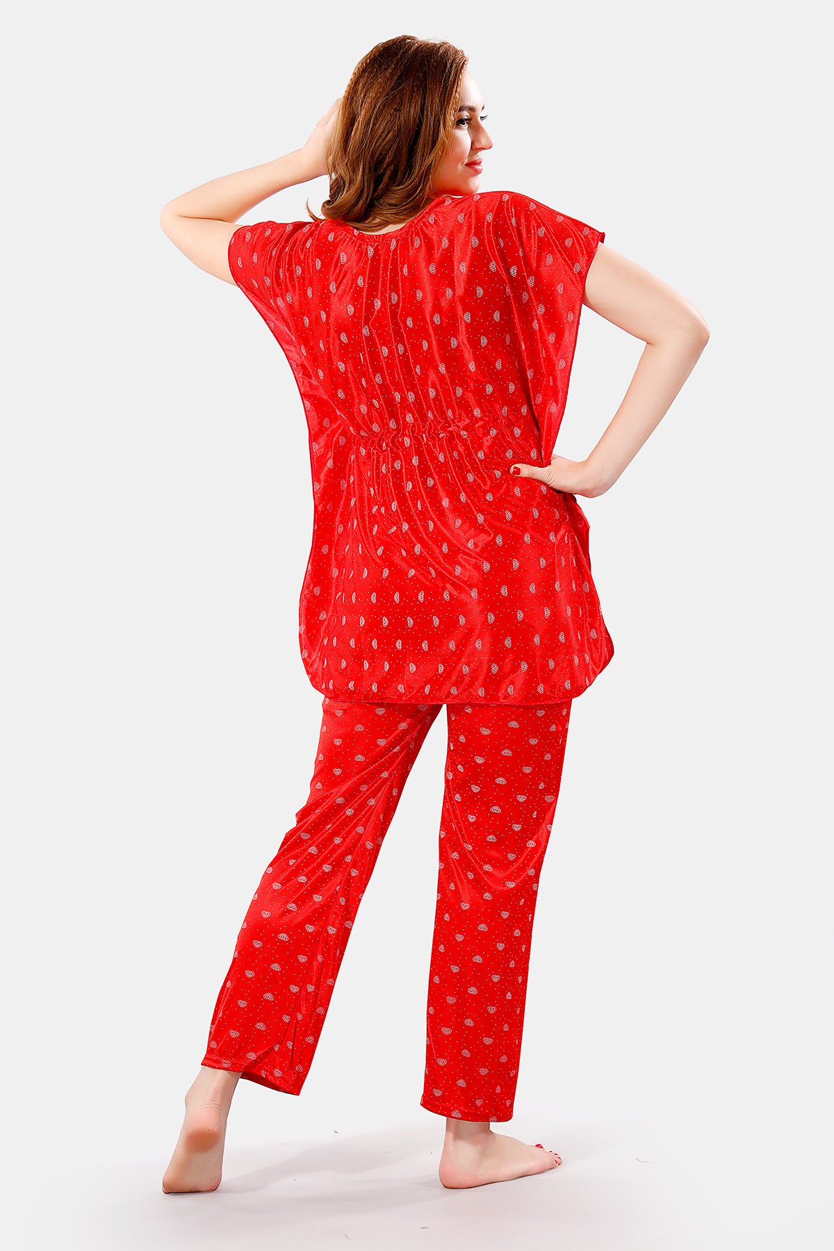 Red Printed Satin Kaftan Top & Pajama Set for Women