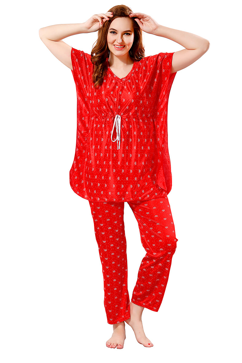 Red Printed Satin Kaftan Top & Pajama Set for Women