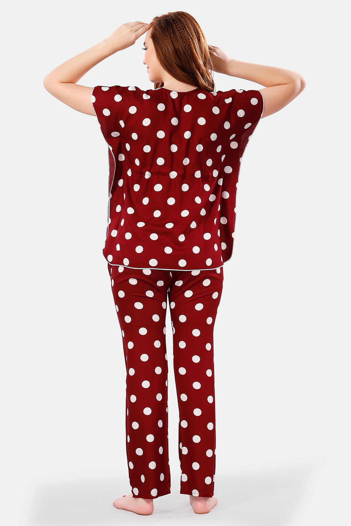 Maroon Rayon Polka Dots Kaftan Top & Pajama Set for Women