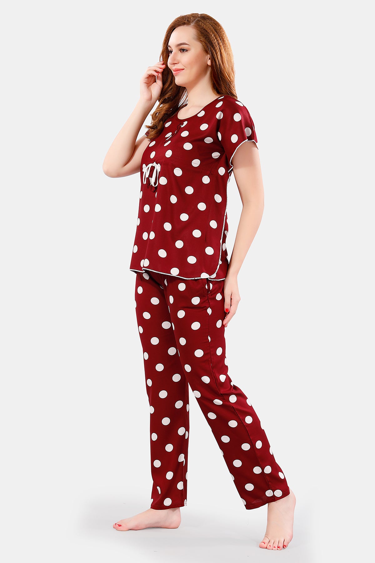 Maroon Rayon Polka Dots Kaftan Top & Pajama Set for Women
