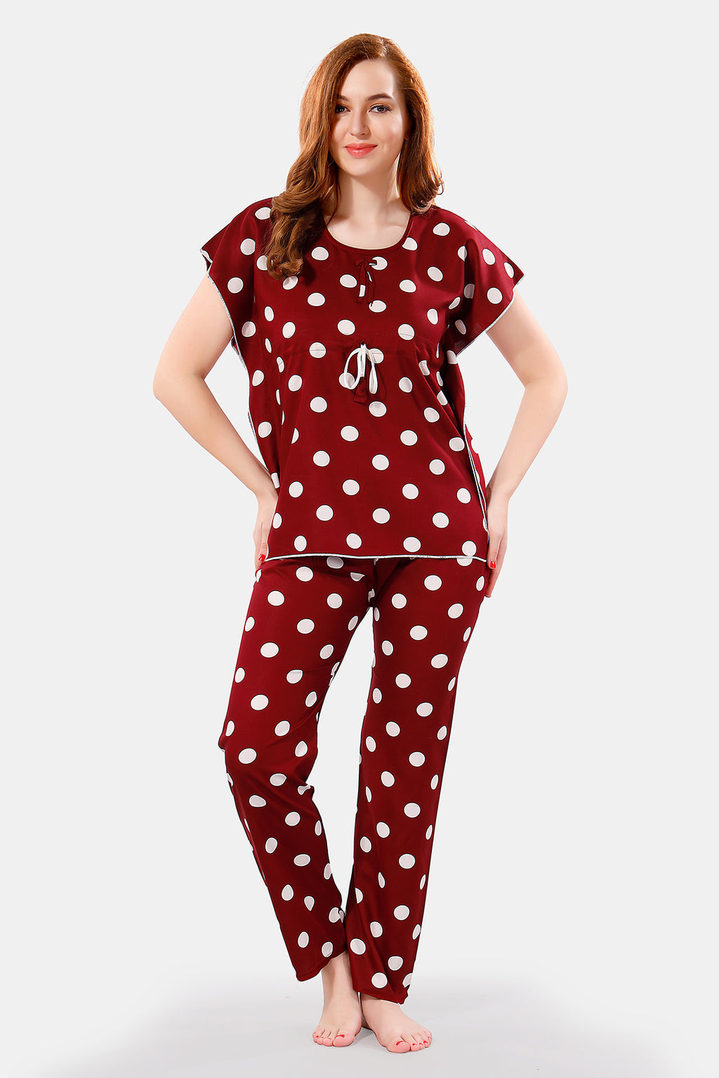 Maroon Rayon Polka Dots Kaftan Top & Pajama Set for Women