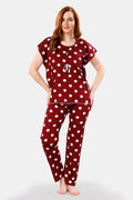 Maroon Rayon Polka Dots Kaftan Top & Pajama Set for Women