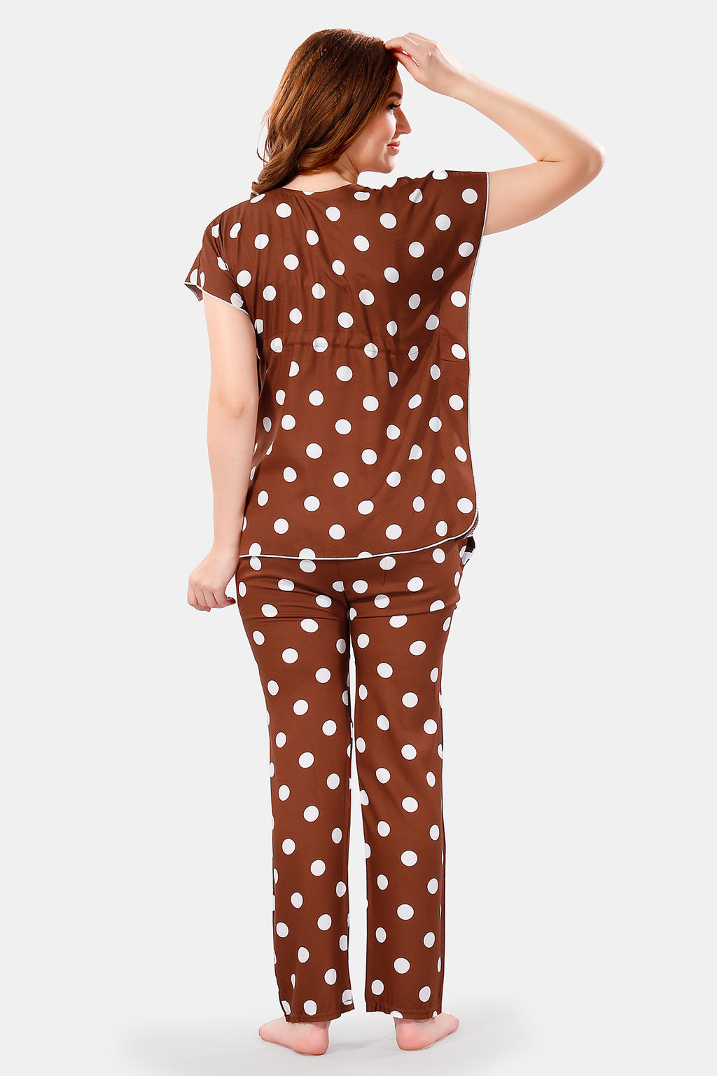 Brown Rayon Polka Dots Kaftan Top & Pajama Set for Women