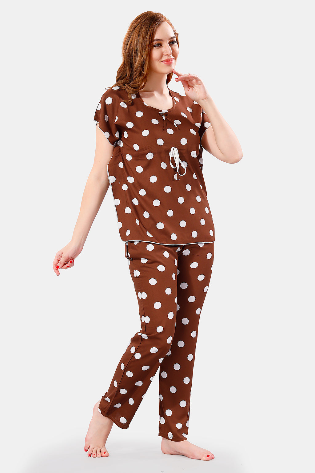 Brown Rayon Polka Dots Kaftan Top & Pajama Set for Women
