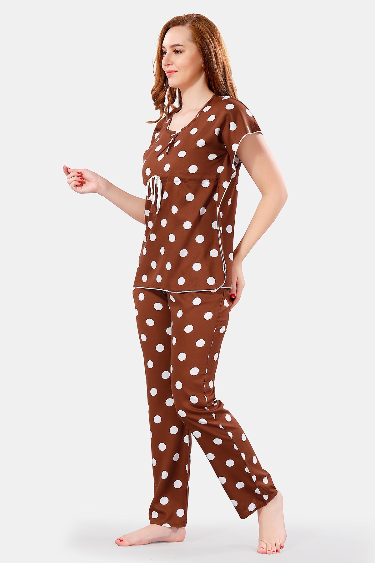 Brown Rayon Polka Dots Kaftan Top & Pajama Set for Women