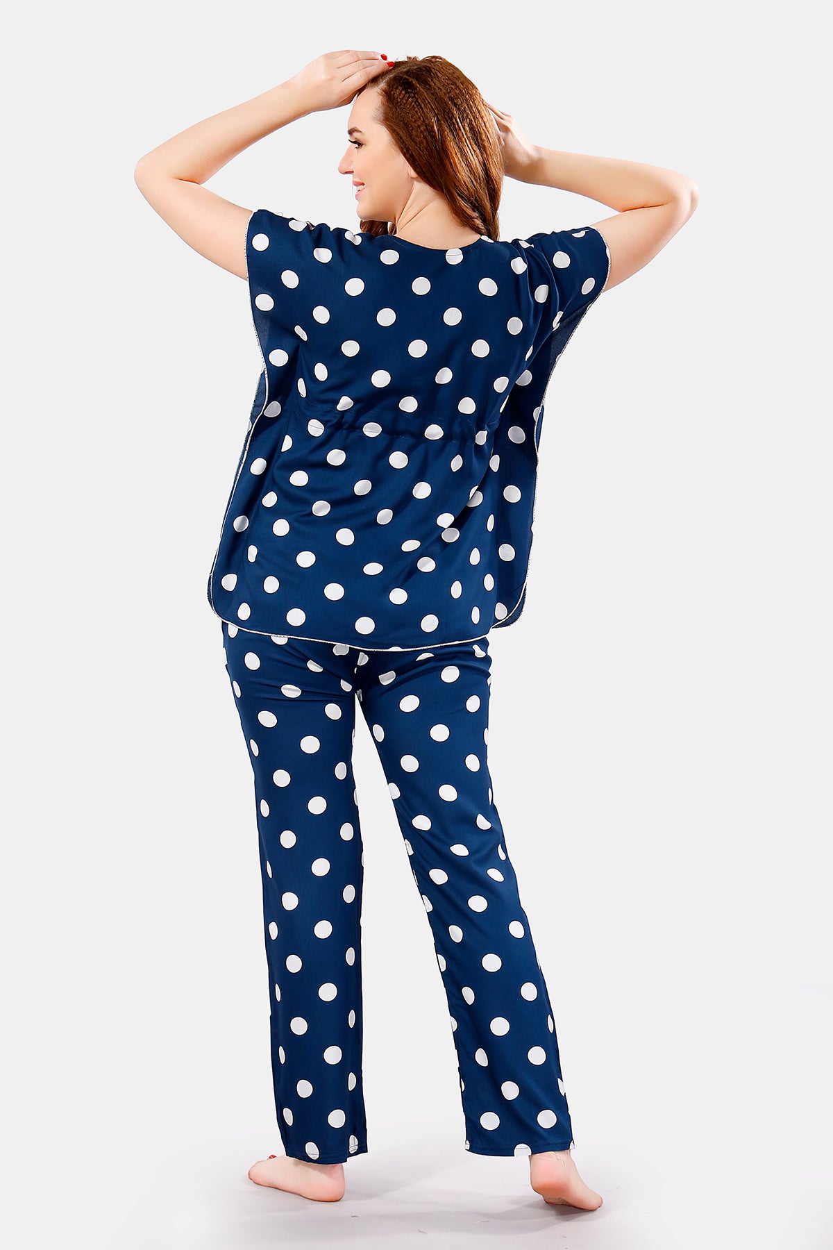 Teal Blue Rayon Polka Dots Kaftan Top & Pajama Set for Women