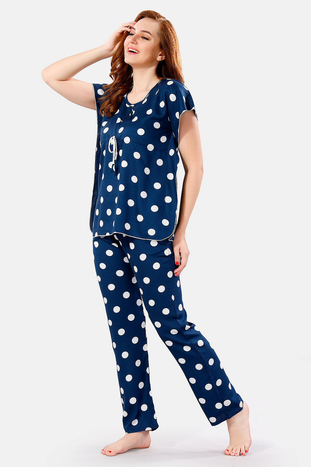 Teal Blue Rayon Polka Dots Kaftan Top & Pajama Set for Women