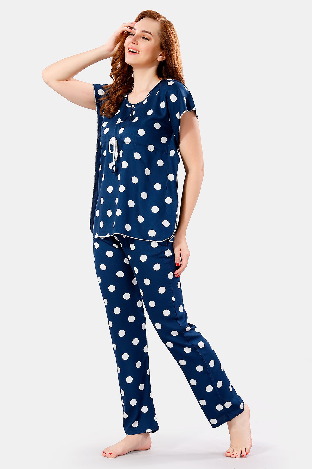Teal Blue Rayon Polka Dots Kaftan Top & Pajama Set for Women