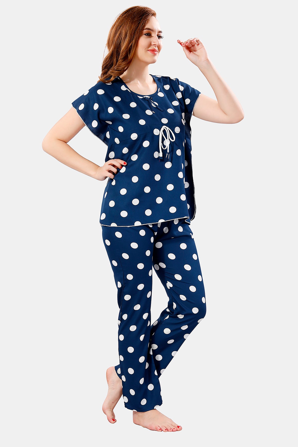 Teal Blue Rayon Polka Dots Kaftan Top & Pajama Set for Women