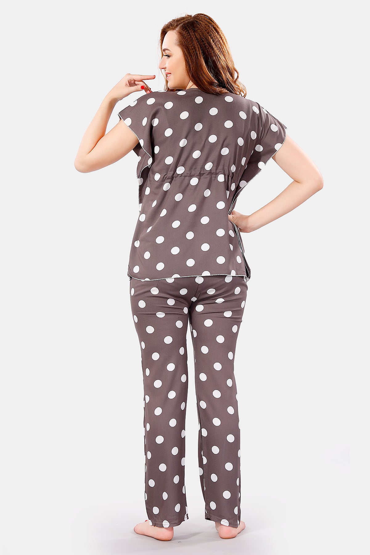 Grey Polka Dot Rayon Kaftan Top & Pajama Set for Women