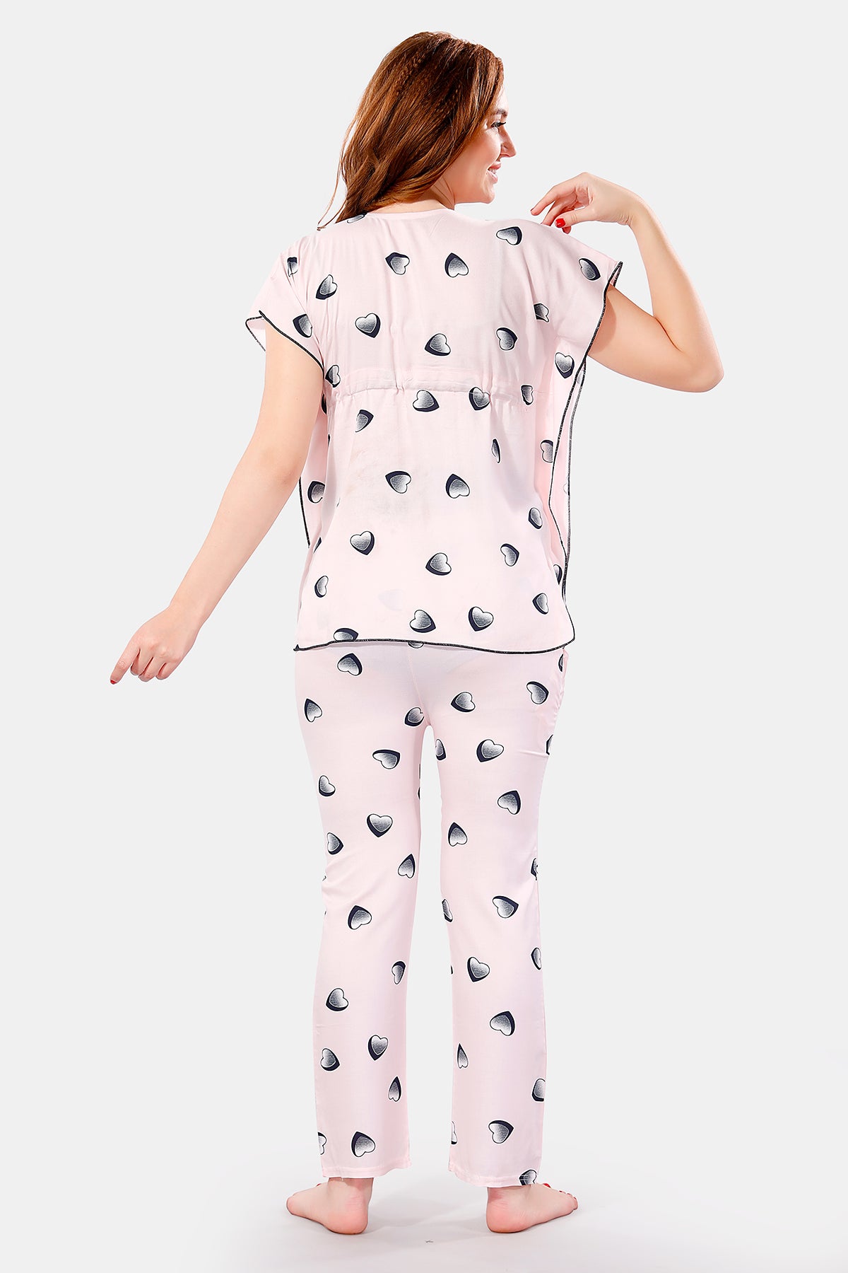 Baby Pink Rayon Heart Print Kaftan Top & Pajama Set for Women