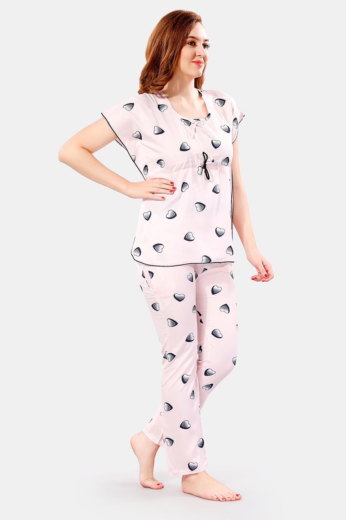 Baby Pink Rayon Heart Print Kaftan Top & Pajama Set for Women