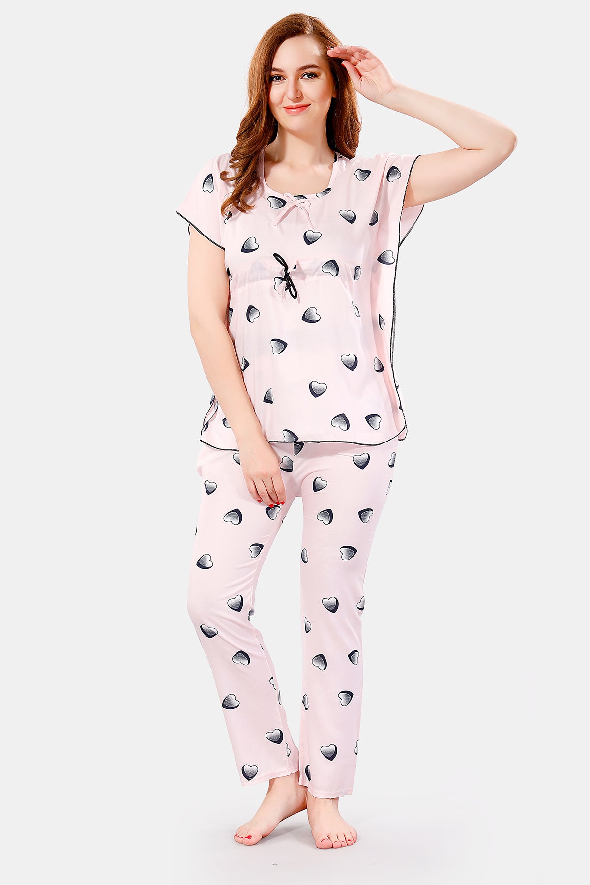 Baby Pink Rayon Heart Print Kaftan Top & Pajama Set for Women