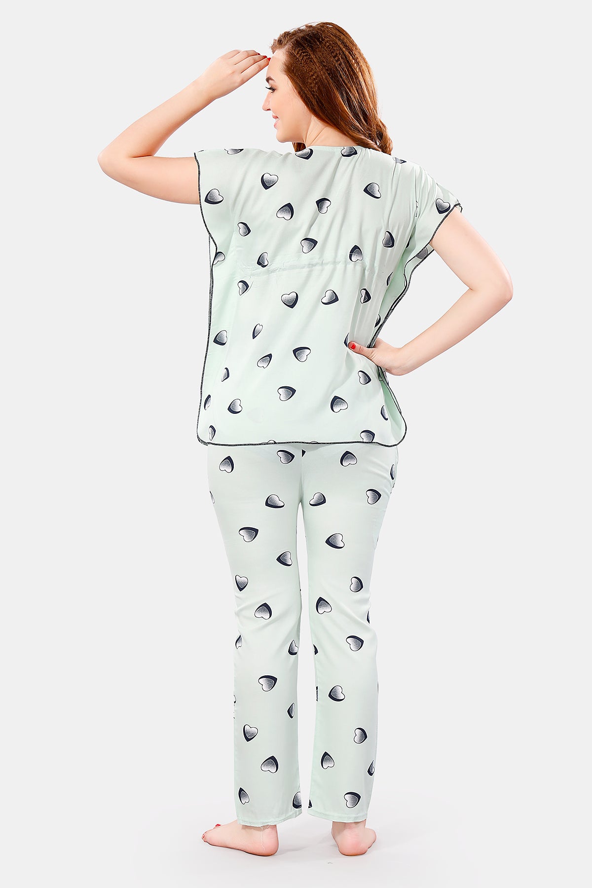 Pistachio Green Rayon Heart Print Kaftan Top & Pajama Set for Women
