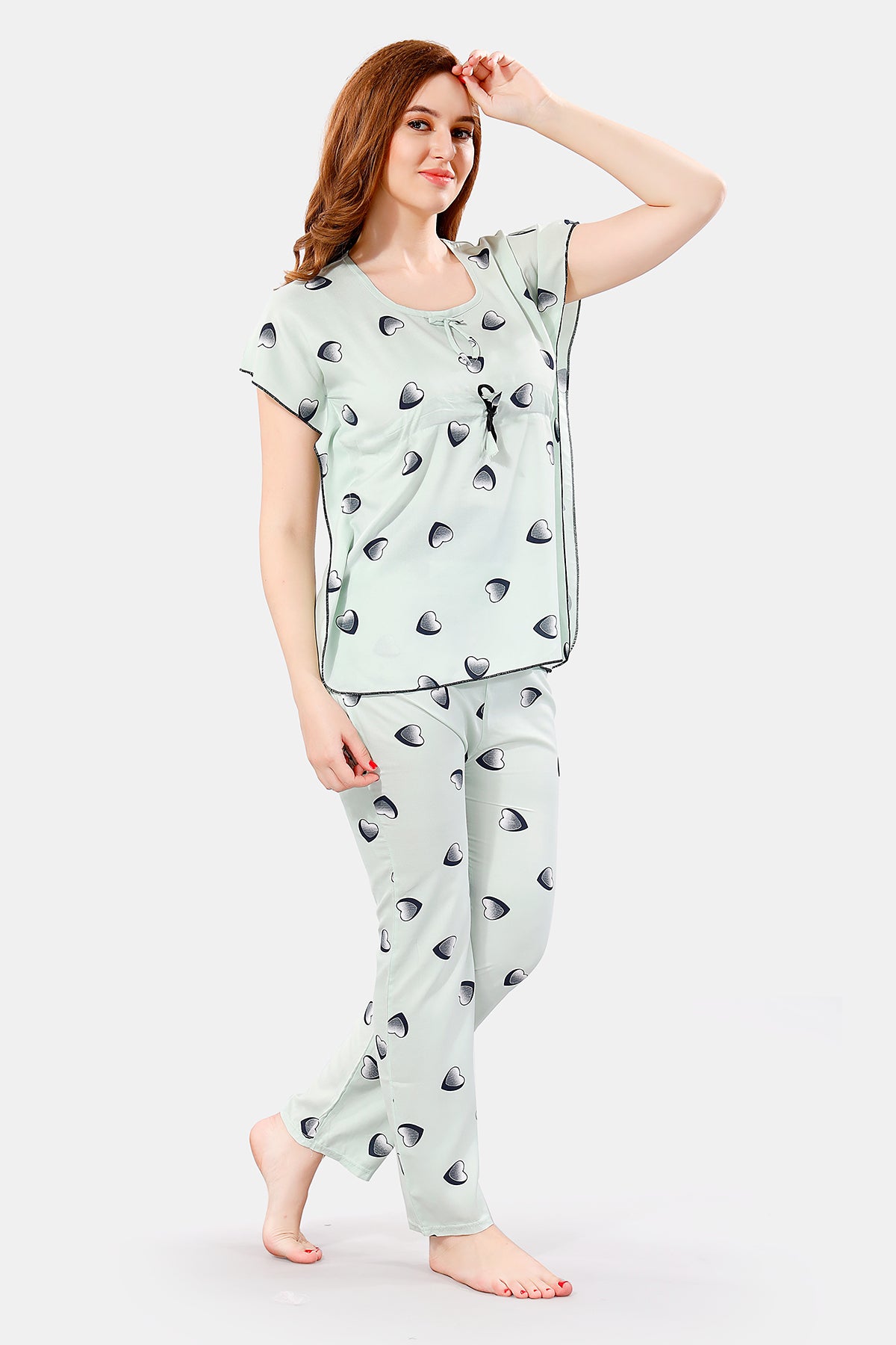 Pistachio Green Rayon Heart Print Kaftan Top & Pajama Set for Women