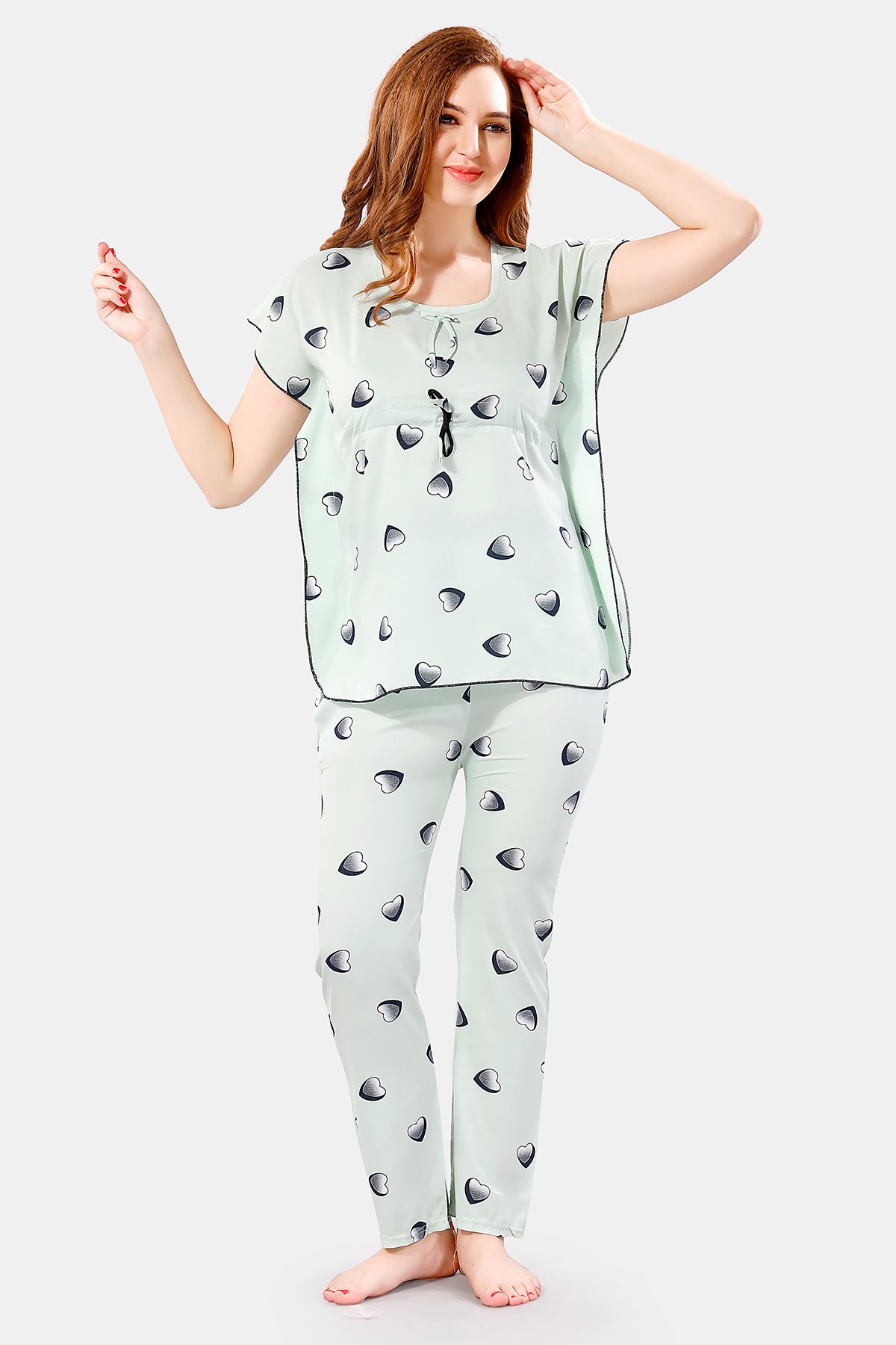 Pistachio Green Rayon Heart Print Kaftan Top & Pajama Set for Women