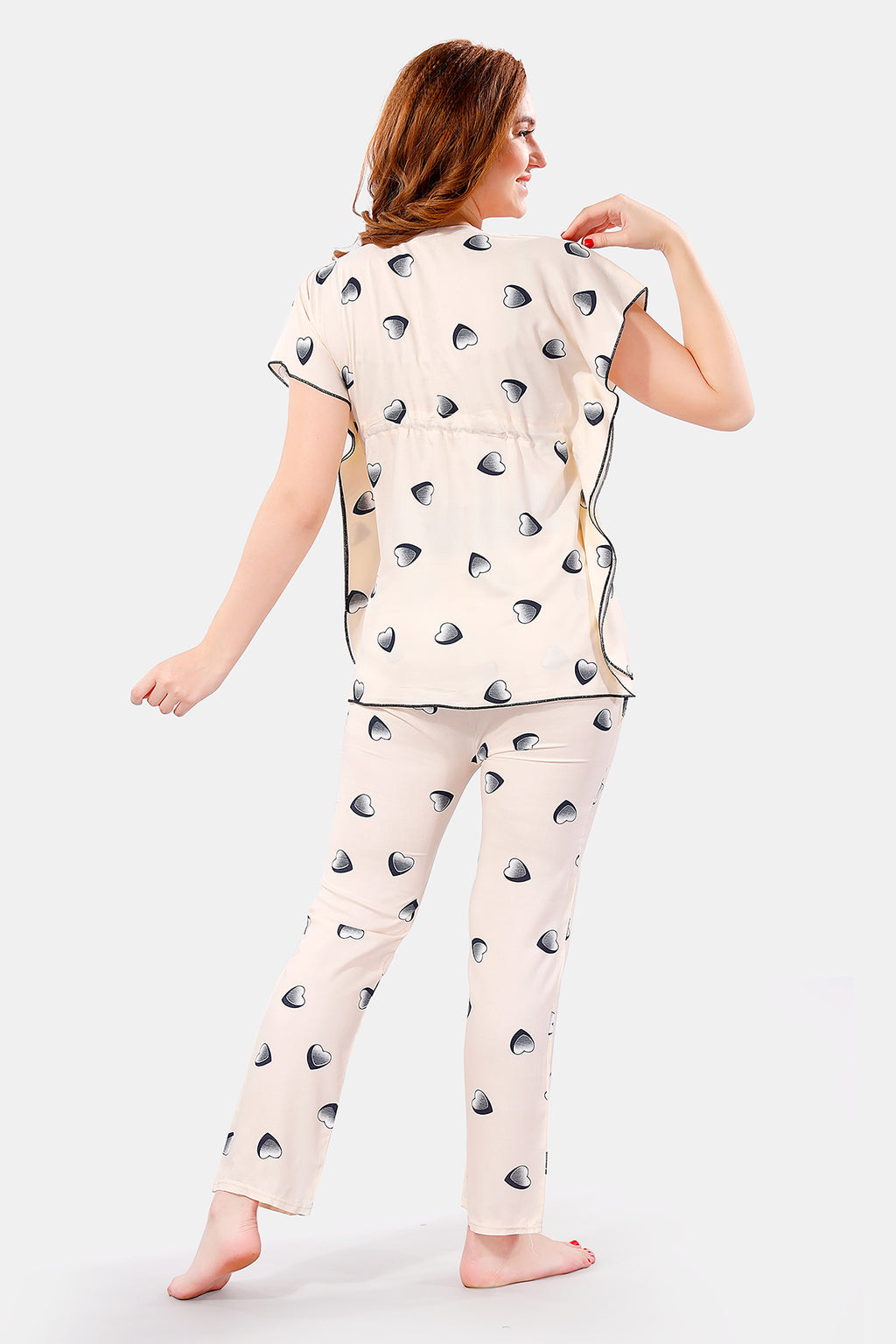 Cream Rayon Heart Print Kaftan Top & Pajama Set for Women