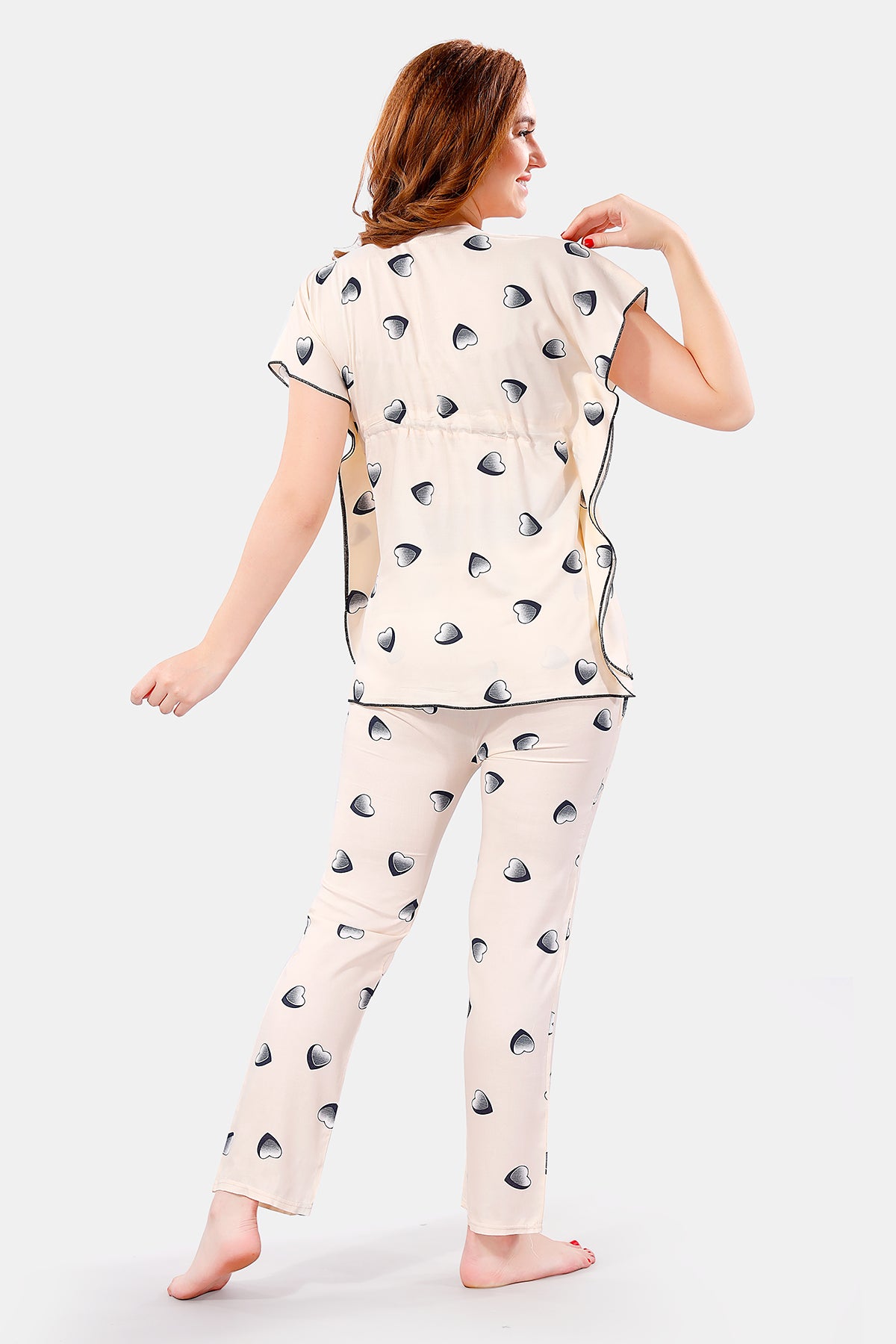 Cream Rayon Heart Print Kaftan Top & Pajama Set for Women