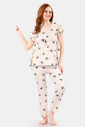 Cream Rayon Heart Print Kaftan Top & Pajama Set for Women