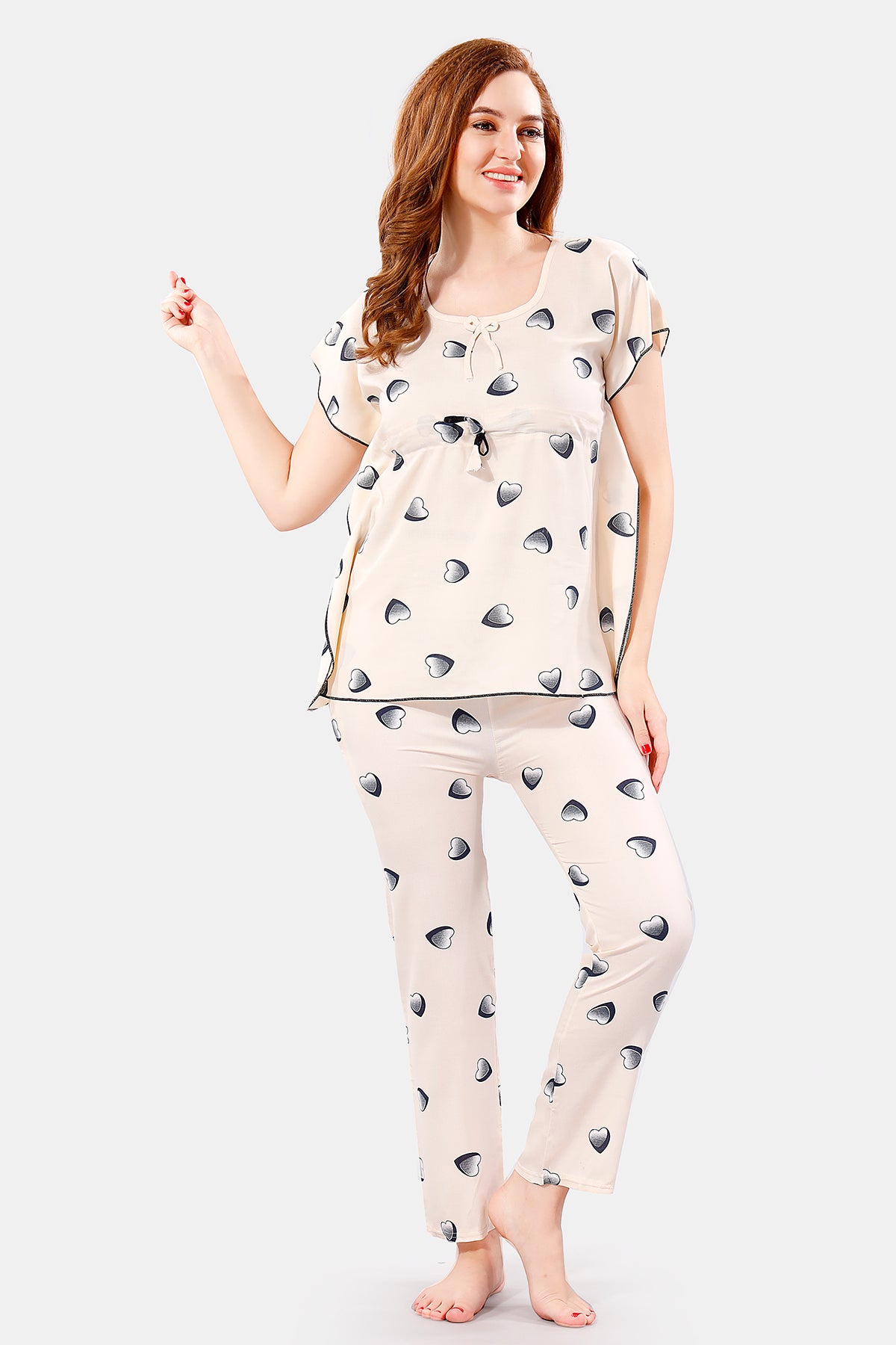 Cream Rayon Heart Print Kaftan Top & Pajama Set for Women
