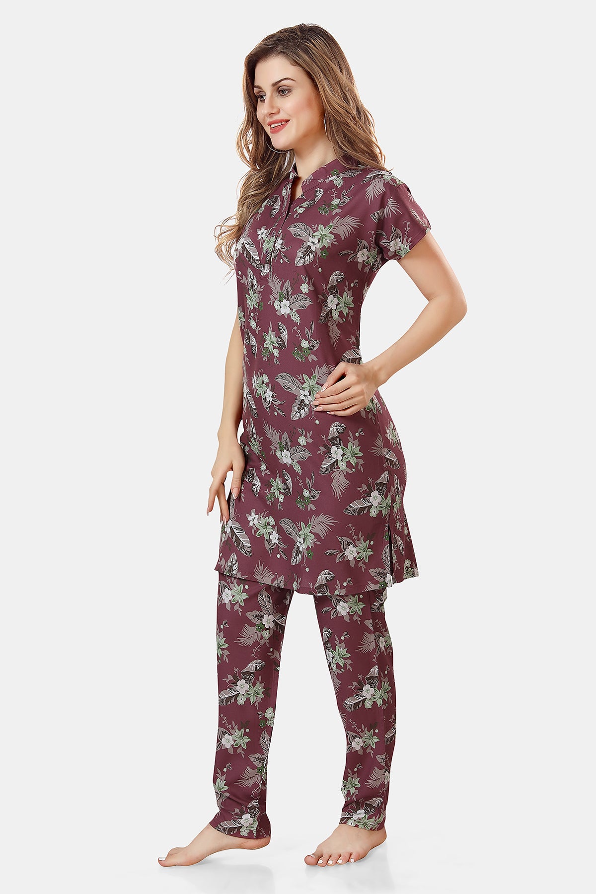 Mauve Floral Print Rayon Kurta & Pyjama Co-ord Set for Women