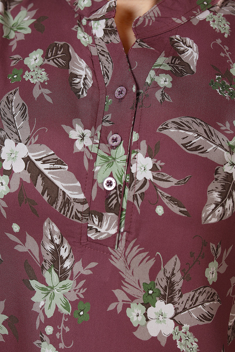 Mauve Floral Print Rayon Kurta & Pyjama Co-ord Set for Women