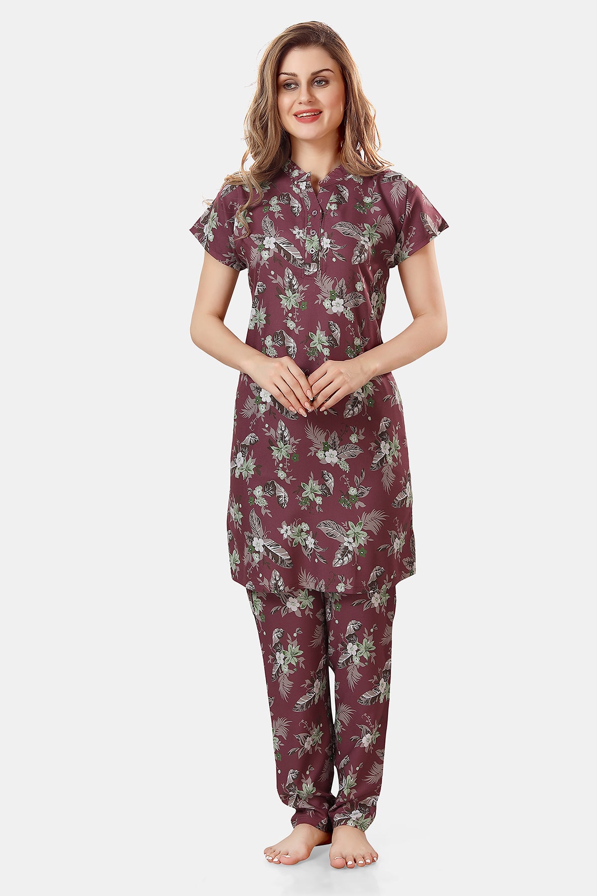 Mauve Floral Print Rayon Kurta & Pyjama Co-ord Set for Women