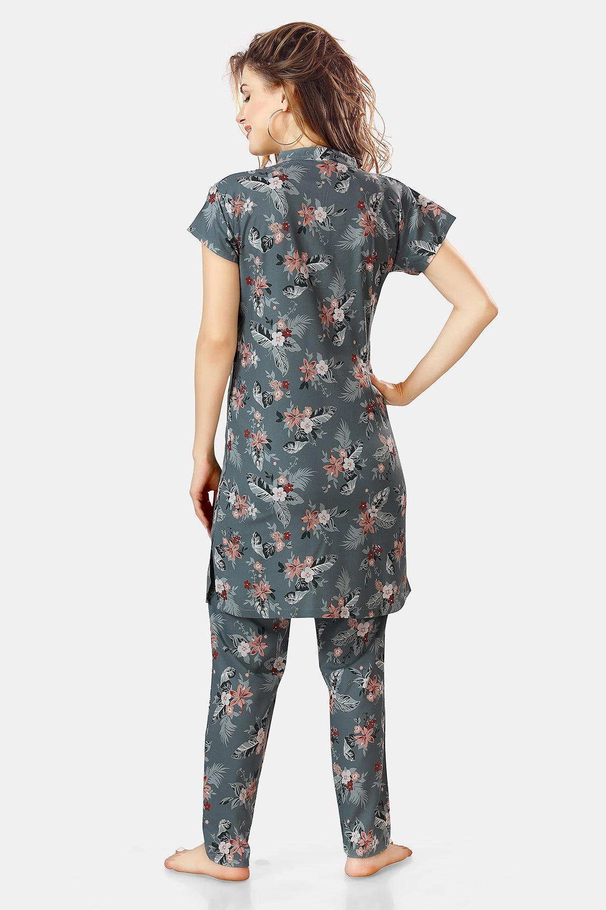 Grey Floral Print Rayon Kurta & Pyjama Co-ord Set