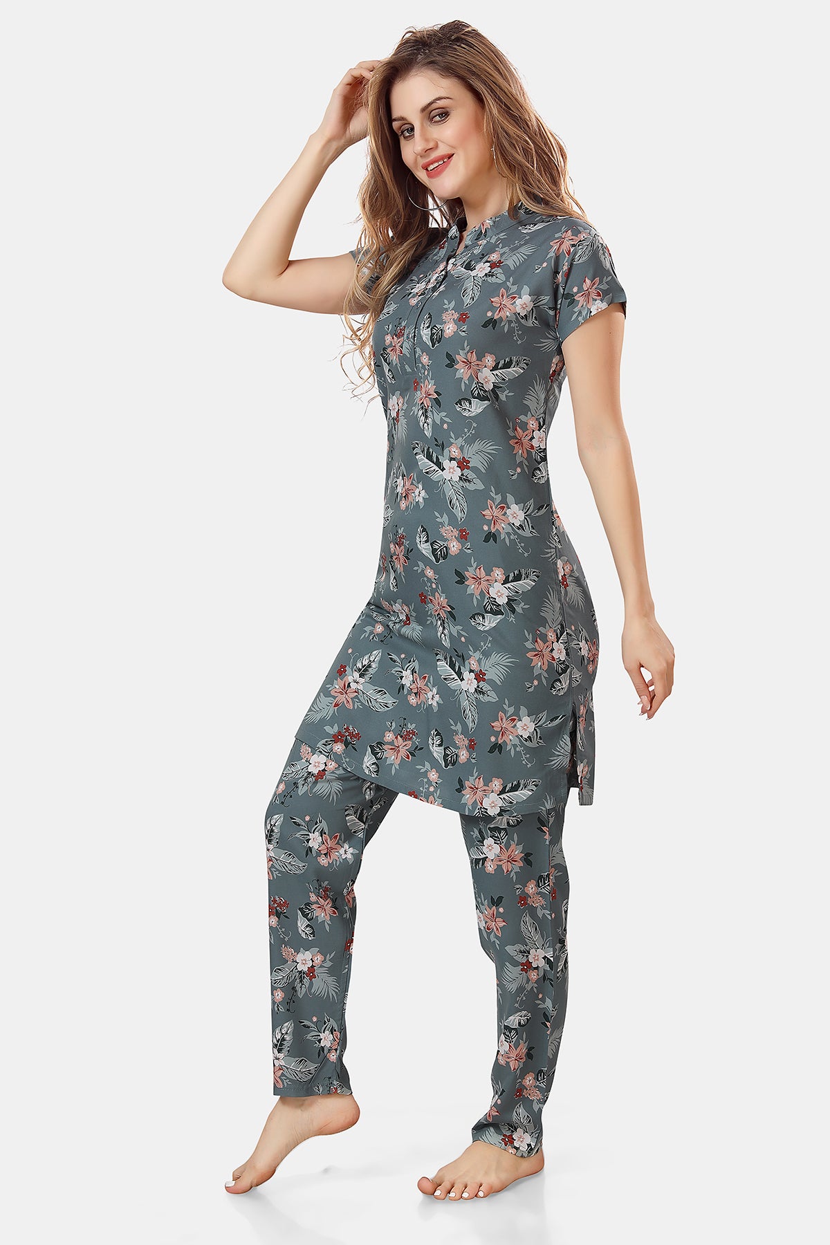 Grey Floral Print Rayon Kurta & Pyjama Co-ord Set