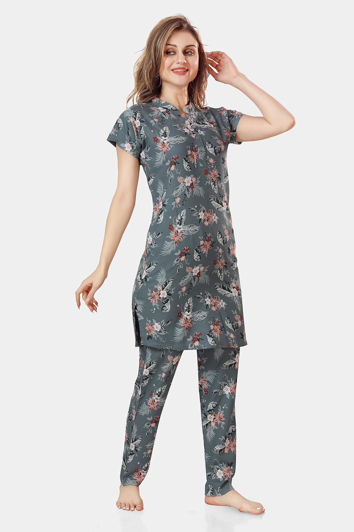 Grey Floral Print Rayon Kurta & Pyjama Co-ord Set