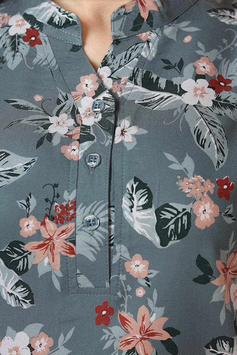 Grey Floral Print Rayon Kurta & Pyjama Co-ord Set