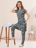 Grey Floral Print Rayon Kurta & Pyjama Co-ord Set
